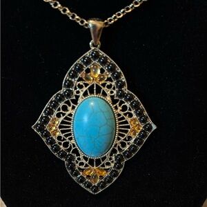 Gold and turquoise long necklace with earrings. Great condition